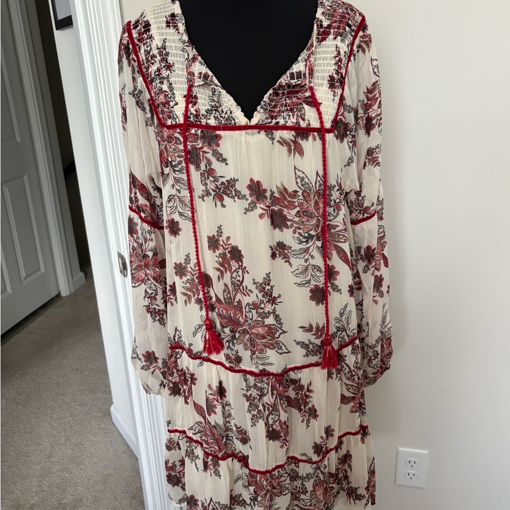 Cream Long-Sleeve Floral Tiered Dress with Red Trim